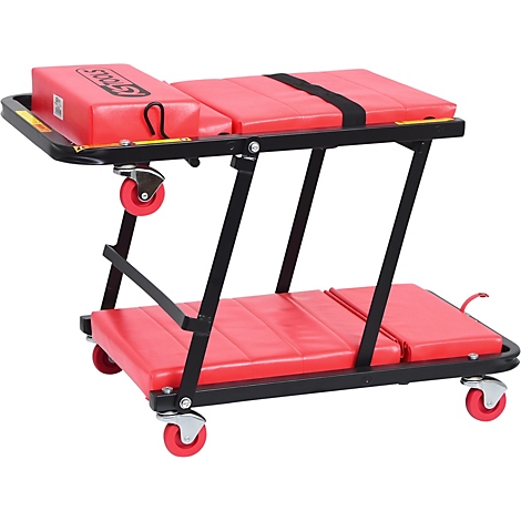 Chariot de mécanicien rouge à roulettes. Zone rembourrée en haut pour s'allonger, siège en bas, cadre noir.